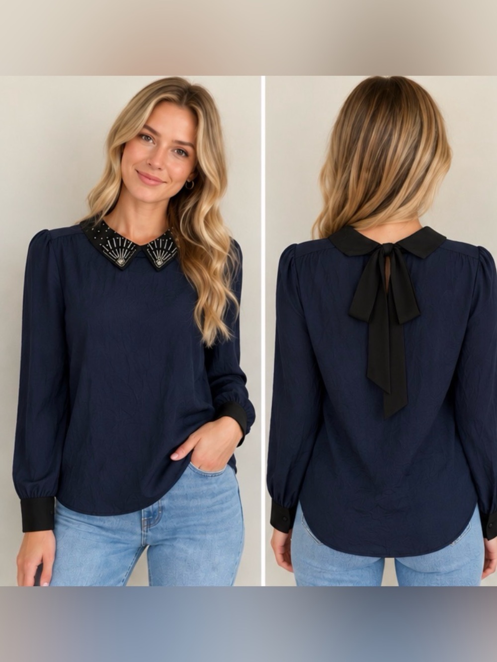 ModCloth M Navy Black Embellished Rhinestone Collar Bow Back Blouse